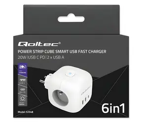 Napájecí kostka 6v1 bílá / Prodlužovací kostka / 3x AC / 2x USB / 1x USB-C PD 20W / podsvícený vypínač
