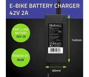 Nabíječka pro elektrokolo 42V 2A černá / Nabíječka / 84 W / 36V baterie / konektor 5,5x2,1mm
