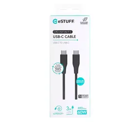 eSTUFF INFINITE (GRS) černá / Kabel USB-C / 3 m / 60 W / GRS recyklovaný plast