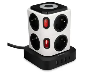 Huslog nabíjecí stanice 15W černá / Nabíjecí stanice / 8x zásuvka 230V / 1x USB-C 3A / 3x USB-A 2,4A / LED lampička