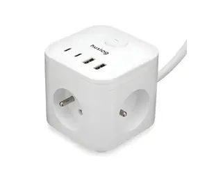 Huslog nabíjecí stanice 15W bílá / Nabíjecí stanice / 3x zásuvka 230V / 2x USB-C 3A / 2x USB-A 2,4A / Vypínač ON/OFF