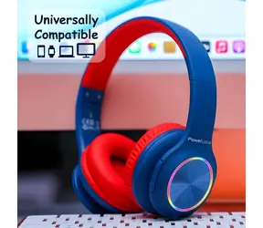 PowerLocus PLED Kids modrá, červená / Dětská bezdrátová sluchátka s mikrofonem / Bluetooth / LED