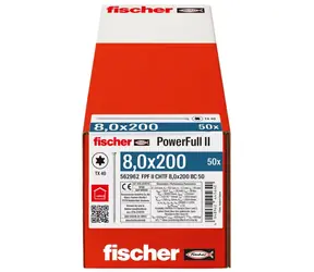 fischer PowerFull II 8,0x200 / Stavební šroub do dřeva / válcová hlava TX40 / celý závit / pozinkovaný / 50 ks