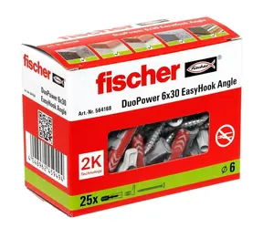 fischer DuoPower 6x30 EasyHook Angle bílá / Hmoždinka s úhlovým hákem / 25 ks / 6x30 mm