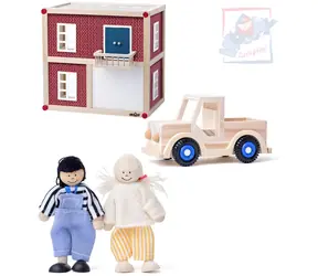 WOODY Domeček pro panenky Moderní vila / 2 figurky a autíčko / dřevo / od 3 let