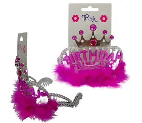 SPARKYS Čelenka Happy Birthday fuchsiová / Karnevalový doplněk / Peří