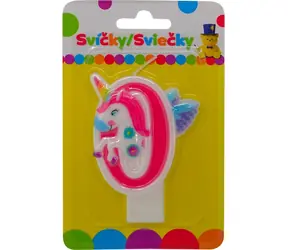 SPARKYS Narozeninová svíčka s jednorožcem a číslem 0 / 9x1,3x14 cm