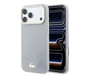 Lacoste PU Leather Champs Elysees Gold Logo světle šedá / Zadní kryt / iPhone 18 Pro / MagSafe