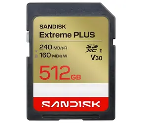 SanDisk Extreme PLUS SDXC 512 GB / Paměťová karta / Class 10 / UHS-I U3 / V30 / čtení 240 MB/s / zápis 160 MB/s