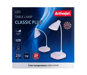 Activejet AYE-CLASSIC PLUS bílá / Stolní LED lampa / 7W / 250 lm / 6000-6500k / dobíjecí 1000 mAh / USB nabíjení