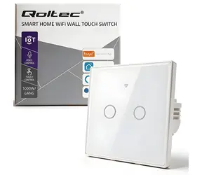 Qoltec 52716 bílá / Dotykový vypínač / 2 kanály / Wi-Fi 2,4 GHz / Tuya Smart Life / Časovač