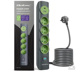 Prodlužovací přívod s podsvíceným vypínačem / 4 zásuvky s uzemněním / 1x USB-C 15W / 1x USB-A 12W / 1,8 m
