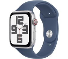 Apple Watch SE (2024) GPS + Cellular 44mm Stříbrné hliníkové tělo - Denimový sportovní řemínek S/M / 140-190 mm