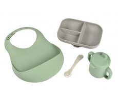 Beaba Jídelní sada silikonová 4-dílná s bryndákem Grey/Sage Green