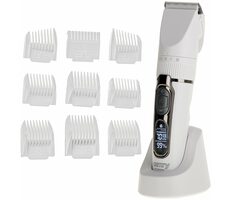 Camry CR 2841 bílá / Zastřihávač vousů / IPX6 / LCD / 2000 mAh / 5 rychlostí / 6 nástavců / 3 - 18 mm 