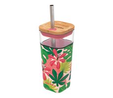 Quokka Skleněný cestovní hrnek s brčkem Liquid Cube Pink Jungle Flora 540 ml