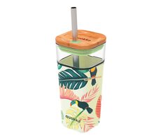 Quokka Skleněný cestovní hrnek s brčkem Liquid Cube Tropical Toucans 540 ml