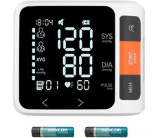 SENCOR SBD 0900WH bílá / Digitální tlakoměr na zápěstí / krevní tlak&tep / paměť 2x99 míst / displej 49x36 mm / 2x AAA