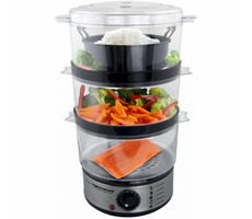 Rozbaleno - Esperanza EKG009 Volcano parní hrnec stříbrná / 400 W / 7.5L / 3 parní mísy / časovač / rozbaleno