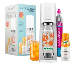SodaStream Terra bílá MIRINDA Mpack / Výrobník sody / bez BPA / 1x láhev 1 L / 1x CO2 plyn / 1x sirup