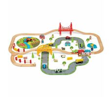 Bigjigs Rail Dřevěná vláčkodráha s venkovskou cestou 80 dílů / od 3 let