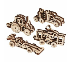 Ugears 3D dřevěné mechanické puzzle 4 mechanické přívěšky Vozidla / od 5 let / 62 dílků / Obtížnost: nízká