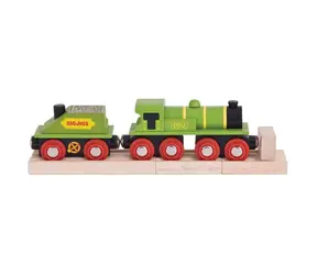 Bigjigs Rail Zelená lokomotiva s tendrem + 3 koleje / od 3 let