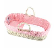 Petitcollin Přenosná taška proutěná plátnem vykládaná růžová pro panenky do 50 cm