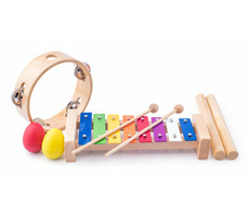 Woody Muzikální set ( xylofon, tamburína, dřívka, 2 maracas vajíčka ) / od 3 let