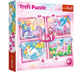 Trefl - Puzzle - Jednorožci a kouzla 4v1 / 35 + 48 + 54 + 70 dílků / 28.5 x 20.5 cm / věk 4+