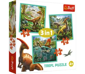Trefl - Puzzle - Neobyčejný svět dinosaurů 3v1 / 20 + 36 + 50 dílků / 20 x 19.5 cm / věk 4+
