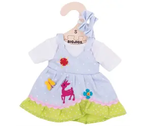 Bigjigs Toys Modré puntikované šaty s jelenem pro panenku 28 cm / od 2 let