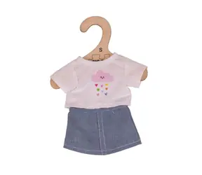 Bigjigs Toys Bílé tričko s riflovou sukní pro panenku 28cm / od 2 let