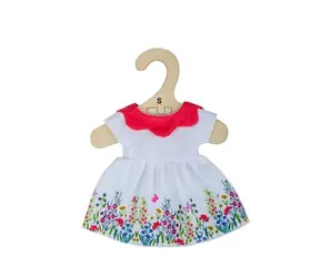 Bigjigs Toys Bílé květinové šaty s červeným límečkem pro panenku 28 cm / od 2 let