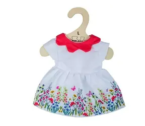 Bigjigs Toys Bílé květinové šaty s červeným límečkem pro panenku 38 cm / od 2 let