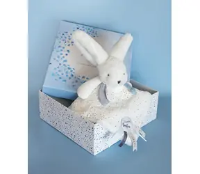 Doudou Dárková sada modrá - králíček s čtvercovou dečkou 25 cm / od 0 let