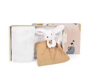 Doudou Dárková sada šťastný králíček pléd a béžový muchláček / od 0 let