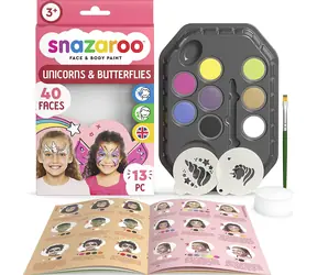 SNAZAROO Sada 8 barev na obličej a tělo s šablonami Jednorožci a motýli / od 3 let 