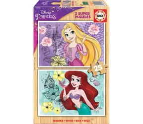EDUCA Dřevěné puzzle Disney princezny: Locika a Ariel / 2x25 dílků / od 3 let