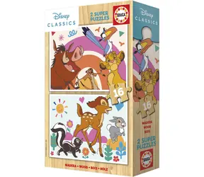 EDUCA Dřevěné puzzle Lví král a Bambi / 2x16 dílků / od 3 let
