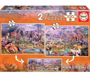 EDUCA Puzzle Panorama Divoká zvířata / 2x100 dílků / od 6 let