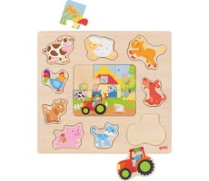 GOKI Dřevěná vkládačka + Puzzle Zvířátka z farmy / od 2 let