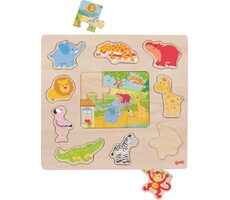 GOKI Dřevěná vkládačka + Puzzle Zvířátka ze ZOO / od 2 let