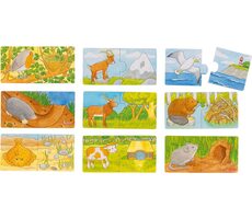 GOKI Dřevěné puzzle dvojice Zvířátka a jejich domov 9x2 dílků / od 2 let
