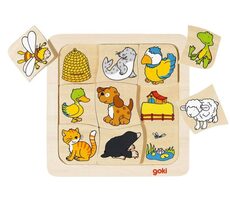 GOKI Dřevěné puzzle Kdo bydlí kde? / 9 dílků / od 2 let