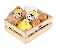 Tidlo Dřevěná bedýnka s mléčnými výrobky a vejci