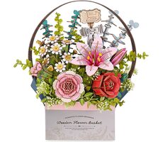 RoboTime 3D dřevěná skládačka Košík s květinami