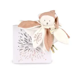 Doudou Dárková sada Plyšový muchláček medvídek s čepičkou 25 cm růžový / od 0 měsíců