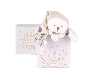 Doudou Dárková sada Plyšový muchláček medvídek s čepičkou béžový 25 cm / od 0 měsíců