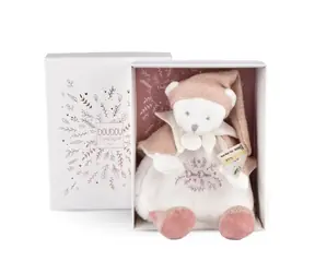 Doudou Dárková sada Plyšový muchláček medvídek s čepičkou růžový 25 cm / od 0 měsíců